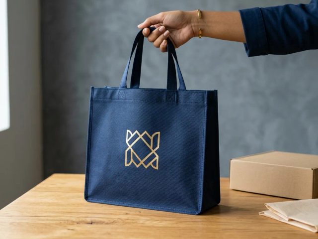 Tas spunbond custom printing premium dengan logo brand di meja unboxing produk