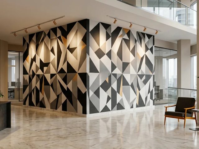 Instalasi cetak geometric pattern ukuran besar pada dinding lobi kantor