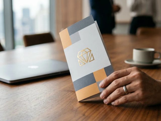 Brosur custom branded eksklusif di meja meeting bisnis