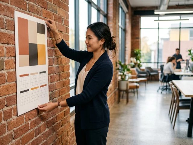 Pemasangan cetak kalender poster branded online di dinding ruang kerja modern