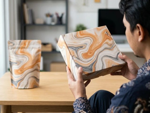 Contoh aplikasi fluid pattern printing pada kemasan kosmetik dan merchandise premium di Surabaya