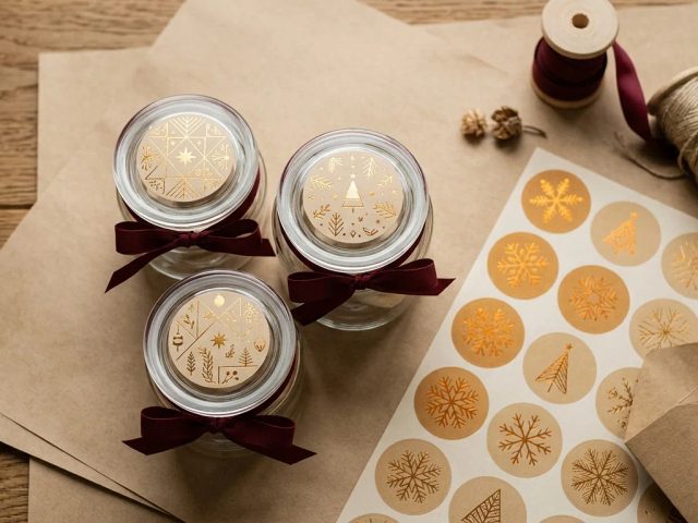 Stiker bulat Natal eceran pada kemasan hampers toples kue kering