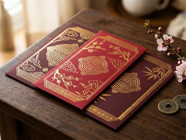 Amplop angpao imlek ukuran 15x25 cm dengan hotprint foil emas berkilau di atas meja bernuansa Imlek