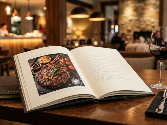 Buku menu hard cover material kertas ivory custom di meja restoran fine dining