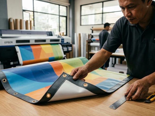 Ilustrasi cetak banner bahan vinyl
