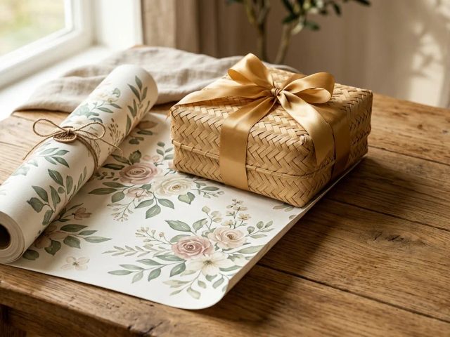 Gulungan wrapping paper motif floral custom di atas meja hampers
