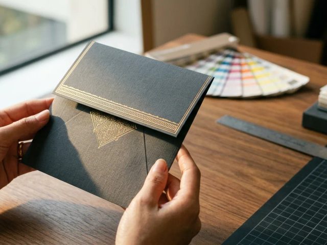 Ilustrasi amplop square flap finishing gold