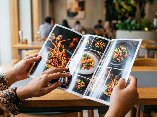 Materi promosi berfinishing glossy untuk bisnis kuliner di Surabaya