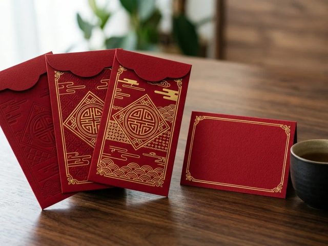 Koleksi angpao imlek custom eksklusif berbahan fancy paper dengan hotprint foil emas untuk relasi korporat