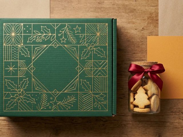 Koleksi corrugated box Natal branded dengan desain festive dan logo custom untuk hampers